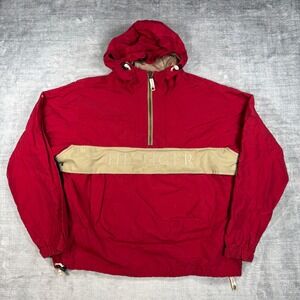 Tommy Hilfiger Jacket Mens Large Red Vintage Windbreaker Heavy Hooded Streetwear